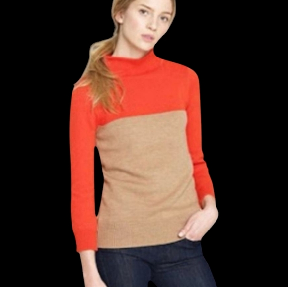 J. Crew Sweater Orange/ Tan Turtleneck Wool/Alpaca Blend Soft Colorblock Sz S - Picture 1 of 9